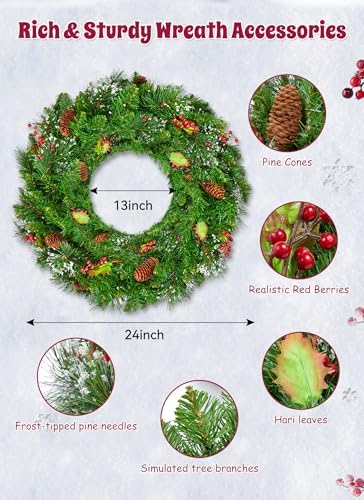 rightown 24 Inch Pre-Lit Artificial Christmas Wreaths for Front Door, Battery Operated Christmas Wreath with 50 LED Lights - Image 3