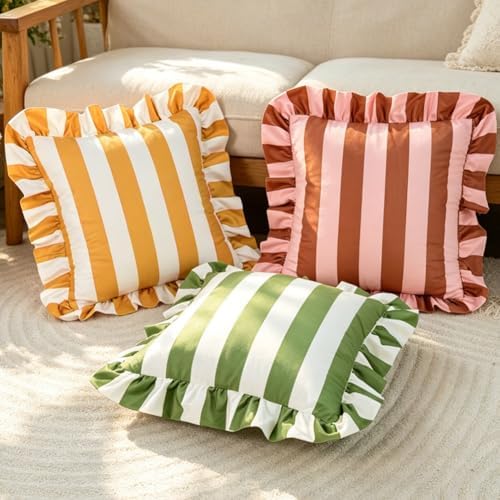 vctops Ruffle Square Throw Pillow Covers Boho Pink and Red Striped Decorative Pillowcases Set of 2, Soft Velvet Accent Cushion Cover Cases for Sofa Bed Living Room Decor (Pink Brown,18"x18") - Image 4