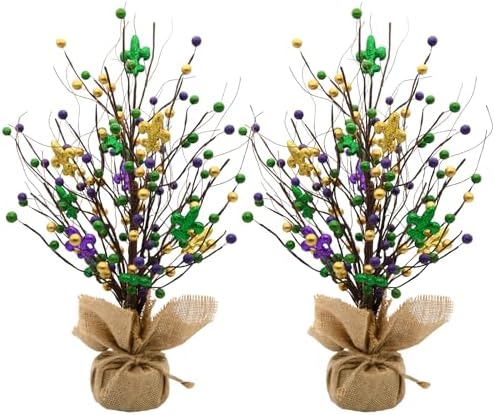 nuvagiki Mardi Gras Table Tree Decorations, 2 Pack 17'' Artificial Berry Blossom Tree Table Centerpiece for Mardi Gras Holiday Decorations, Mardi Gras Home Decor, Mardi Gras Gifts by nuvagiki