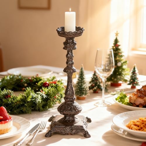 Sungmor Heavy Duty Cast Iron Candlestick Holders - Handcrafted Vintage Candelabra - 37CM/15Inch Tall 1-Head Candle Holder - Decorative Pillar Candle Stand for Christmas Birthday Wedding Home Party - Image 4
