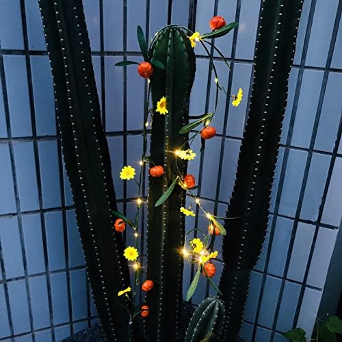 Artificial Pumpkin Plant Vine Faux Pumpkin and Yellow Flowers Ivy Green Leaves Garland with 2M 20 LED Coper Wire String Light Wedding Birthday Indoor Decor Fairy Light (Pumpkin, 4) - Image 3