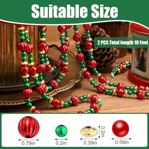 Geosar 4 Pcs Bead Garland for Christmas Tree 9 Feet Red and Green - Image 2
