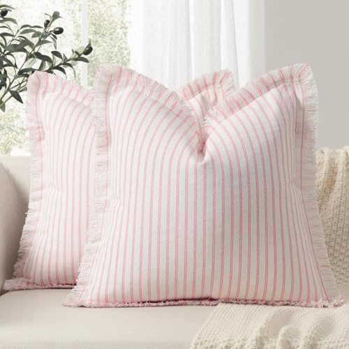 ZWJD Throw Pillow Covers 22x22 Set of 2 Striped Pillow Covers with Fringe Chic Cotton Decorative Pillows Square Cushion Covers for Sofa Couch Bed Living Room Farmhouse Decor, (Pink) by ZWJD