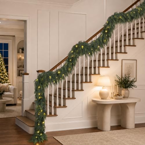 15FT Christmas Cedar Garland with Lights Prelit Pine Garland Decoration by NTNIETING