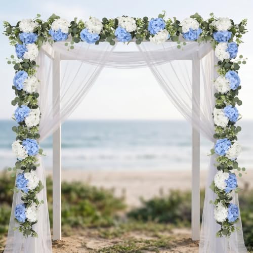 Artificial Hydrangea Flower Garland with Eucalyptus & Baby’s Breath 2PCS 6FT Floral Vines Greenery Garland for Mantel Wedding Arch Table Centerpiece Coastal Home Outdoor Decor (2, Blue & White) - Image 4