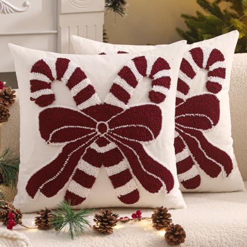 Christmas Candy Cane and Bow Throw Pillow Cover 18 x 18 Set of 2 by Tosleo