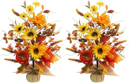 2 Pack Fall Table Decor, 19.6" Artificial Tabletop Fall Tree with Maple Leaves Sunflowers Fall Decorations for Indoor Outdoor Home Autumn Thanksgiving Table Centerpieces by Phliofd