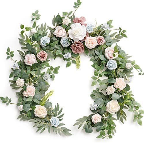 Ling's moment Flower Garland, 6FT Eucalyptus & Rose Blush Powder Blue by LingsMoment