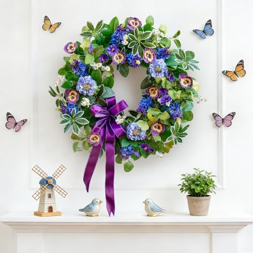 Spring Summer Wreaths for Front Door 24 Inch, Outdoor Summer Wreath with Pansy, Hydrangea & Floral Accents, Spring Wreath for Front Door Outside, Summer Wreaths Front Door for Home Decor - Image 6