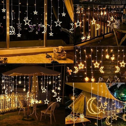 Christmas LED Curtain String Lights - 18FT 12 Drops 138 LED Star Moon Hanging Lights with Remote, 8 Modes, 6H Timer, Waterproof Connectable Window Lights for Indoor Outdoor Holiday Decorations - Image 3