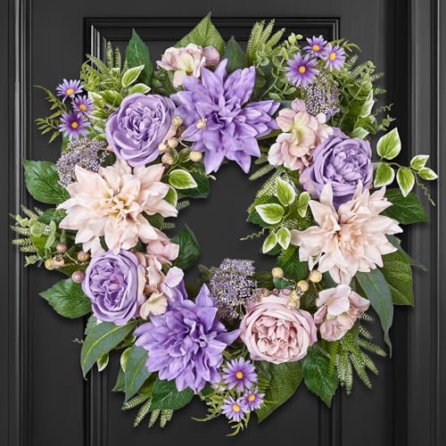 24 Inch Spring Summer Wreath for Front Door with Roses Dahlias Silk Flowers with Berry Greenery for All Seasons Indoor Outdoor Porch Wedding Wall Farmhouse Living Room Home Decor by MDSTBN