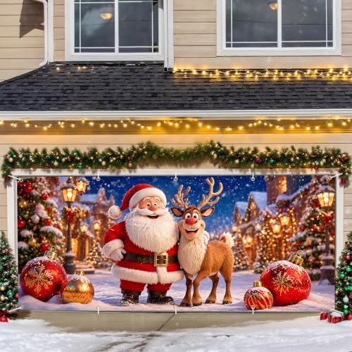 Cute Santa Claus Reindeer Christmas Garage Door Banner 7x16 FT, Large 2-Car Winter Wonderland Outdoor Wall Mural Backdrop, Funny Holiday Hanging Cover Sign Decoration for House Exterior Party - Image 7