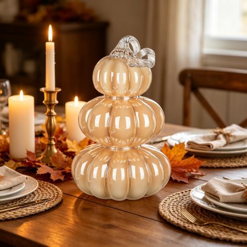 Stacked Glass Pumpkin Decor, Fall Halloween Table Centerpiece, Cream - Image 3