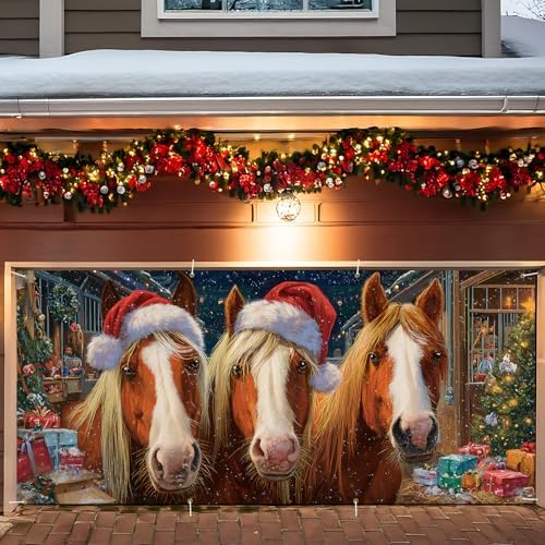 Christmas Garage Door Decorations 6x13FT, Three Horses with Santa Hats, Rustic Barn Holiday Banner for Outdoor Garage Door Cover by ANNAQUEEN
