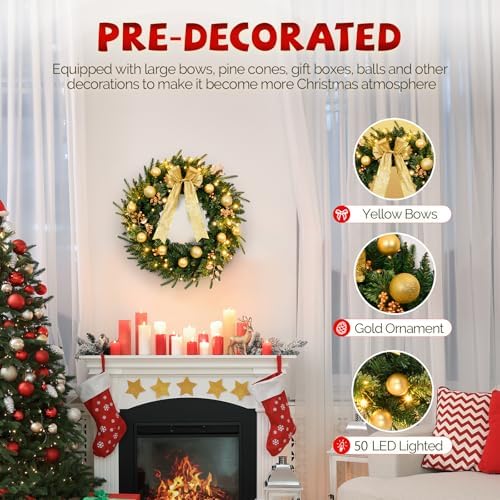 VINGLI 24" Battery Operated Christmas Wreath with 50 LED Lights - Image 3