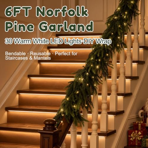 2Pcs 6FT Christmas Garland with Lights, Norfolk Pine Garland Decor for Xmas - Image 5