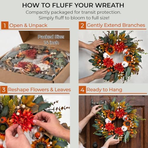 24 Inch Fall Eucalyptus Wreath for Front Door with Dahlia & Sunflower - Image 5