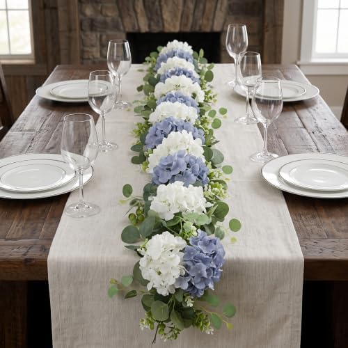 Artificial Hydrangea Flower Garland with Eucalyptus & Baby’s Breath 2PCS 6FT Floral Vines Greenery Garland for Mantel Wedding Arch Table Centerpiece Coastal Home Outdoor Decor (2, Dusty Blue & White) - Image 5