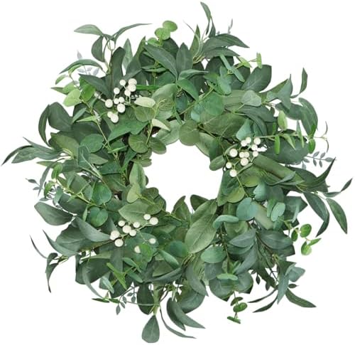 20"-22“ Green Eucalyptus Wreaths for Front Door with White Berries – Lifelike Spring, Summer, and Winter Wreath for Farmhouse Front Porch, Window, Door Decor by BINFEN