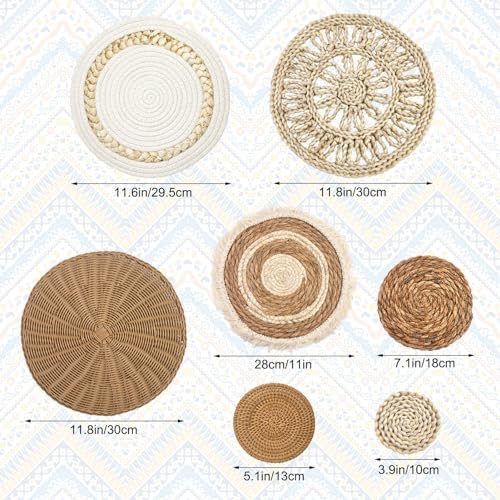 CODOHI Set of 7 Boho Wall Baskets, Wall Hanging Rattan Decor, Flat Round Woven Water Hyacinth Corn Husk Farmhouse Handmade Macrame Hanging Woven Baskets for Living Room Bedroom Dining Room Office - Image 2