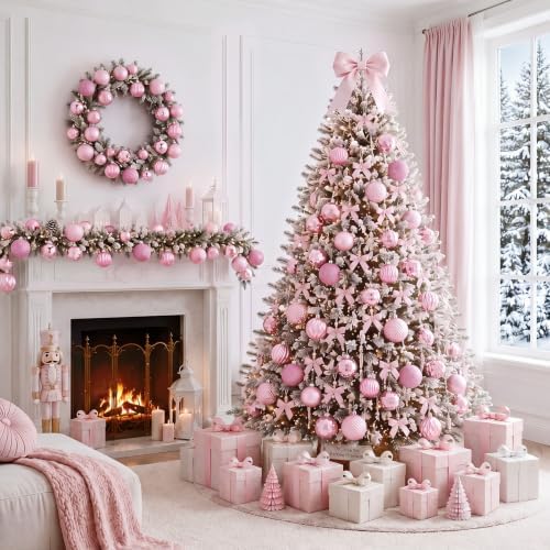 Lunmon 64 Pieces Pink Christmas Ball Ornaments Shiny Pink Xmas Bulbs - Image 2