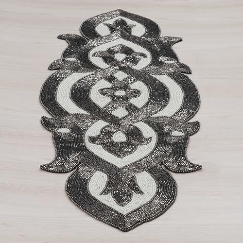 Beaded Table Runner Decorative Hand Glitz Rustic Farmhouse for Scalloped Design - 13x36 Inch - Grey Lvory - Image 7