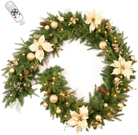 9FT Prelit Artificial Christmas Garland with Dual Color LED Lights and Timer by Remote Control and Batteries Operated for Mantle Stairs Fireplace Door Xmas Decoration, Indoor Outdoor, Green by AmerzestXmastree