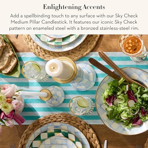 MACKENZIE-CHILDS Enamel Pillar Candlestick, Candle-Holder Decor, Medium, Light-Blue-and-White Sky Check - Image 2