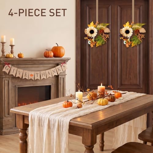 Fall Wreat 2X 12 Handcrafted Harvest Wreaths, Glitter GIVE Thanks Bunting, Ivory Ruched Runner 35x71, Front Door Wall Dining Table Decorh Table Runner Bunting Set Home Decor - Image 2