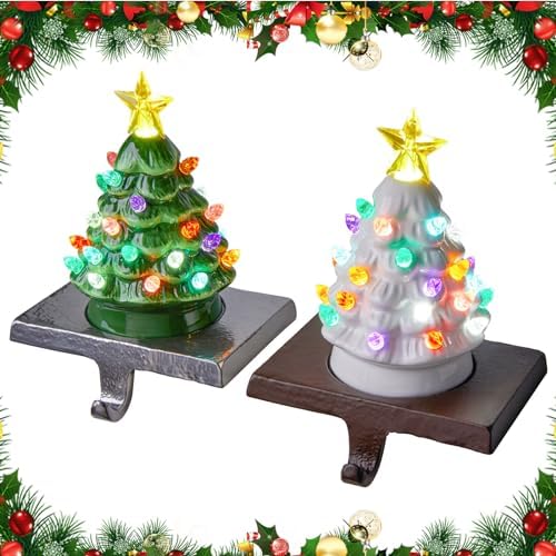 Minetom Ceramic Christmas Stocking Holders with LED - Green and White Set of 2 for Mantle & Window - Image 2