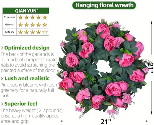 Spring Wreaths for Front Door 21 Inch – Valentine’s Day Pink Peony Artificial Wreath, Spring Summer Floral Wreath for Porch, Wall, Window Decor - Image 4
