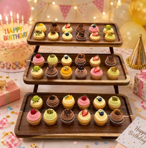 Acacia Wood 3 Tier Serving Tray, Foldable Tiered Serving Tray Stand, Wooden Cupcake Stand & Charcuterie Board, Dessert Table Display for Parties, Birthday, Wedding & Entertaining - Image 6