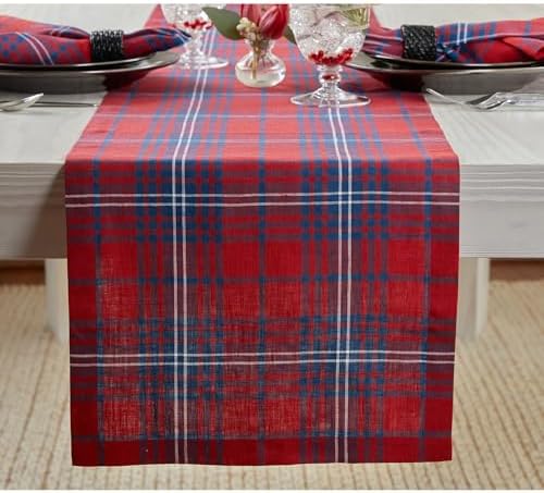 Solino Home 100% Pure Linen Table Runner, 14 x 132 in, Red and Navy Plaid by SolinoHome