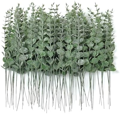 Fake Plants, 200Pcs Eucalyptus Stems Artificial Flowers, Fake Eucalyptus Leaves Stems, Plastic Grey Green Touch Leaf Branches for Home Office Flowers Bouquet Centerpiece Wedding Decoration by ScarFio