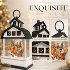 12.6" Christmas Snow Globe Lantern, White Barn Water Glittering Lantern with Santa Sleigh & Reindeer, Lighted Christmas Lantern with 6H Timer, Battery Operated Farmhouse Holiday Tabletop Decor Gift - Image 3