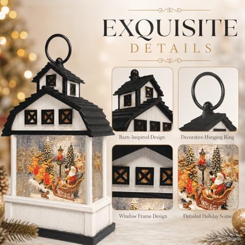 12.6" Christmas Snow Globe Lantern, White Barn Water Glittering Lantern with Santa Sleigh & Reindeer, Lighted Christmas Lantern with 6H Timer, Battery Operated Farmhouse Holiday Tabletop Decor Gift - Image 3