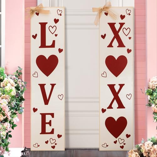 2 Pcs Valentine's Day Porch Sign Love Heart Welcome Wooden Porch Decor Standing Valentine's Day Decoration Rustic Welcome Sign for Patio Front Door Wall Yard Holiday Party, 33" H(Love) - Image 2