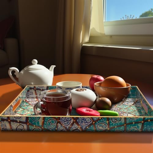 Serving Trays Set of 2, Decorative Plastic Serving Trays with Handles, Party Tray for Food, Coffee Table, Ottoman, Bathroom, and Living Room (Blue Bohemian) - Image 6