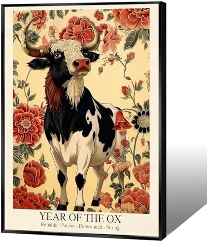 Chinese Lunar Year of the Ox Art Print – Traditional Oriental Home Decor with Red Floral Pattern Reliable Determined Strong Zodiac Wall Decor Aesthetic Family Wall Art 12X18 in Wrapped Framed by Unknown