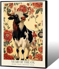 Chinese Lunar Year of the Ox Art Print – Traditional Oriental Home Decor with Red Floral Pattern Reliable Determined Strong Zodiac Wall Decor Aesthetic Family Wall Art 8X12 in Black Framed by Unknown