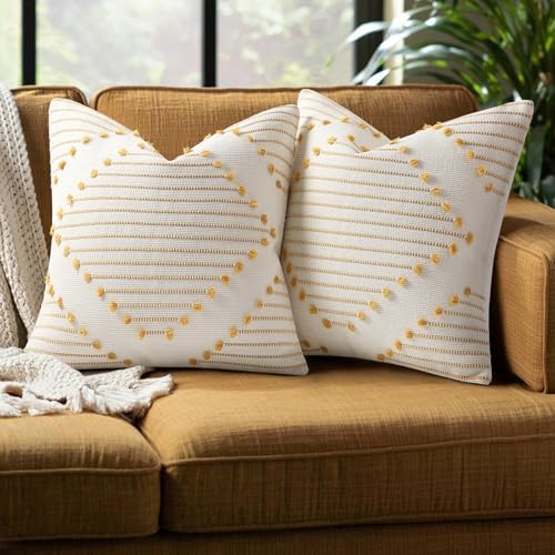 Mecatny Boho Outdoor Throw Pillow Covers 18x18 Set of 2 Yellow & White by Mecatny