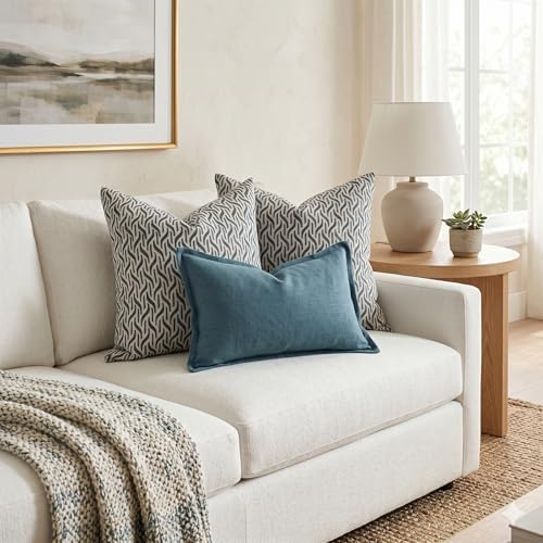 Decorative Pillow Cover French Country Pillow Cover Cottage Decor Floral Block Print, Farmhouse Decorative Cushion Cover, Spring Pillow Cover Line and Loop (Airforce Blue) - Image 4