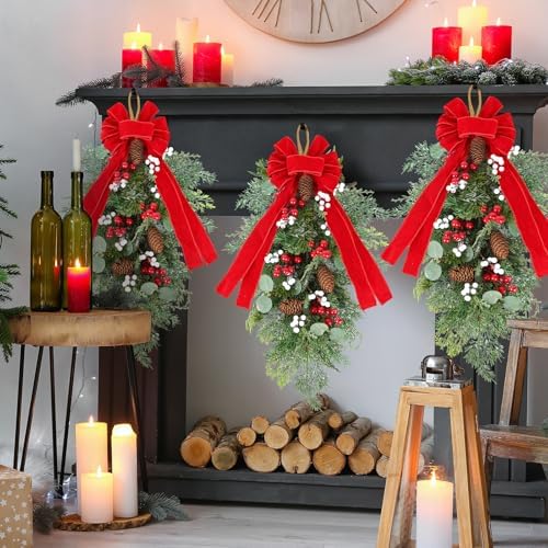 2 PCS 24" Artificial Christmas Teardrop Swag Pine Needles Teardrop Door Swag Christmas Norfolk Teardrop Wreath with Pinecone Berry for Front Door Xmas Mantle Wall Fireplace Indoor Outdoor Home Decor - Image 5