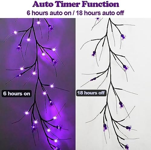 2026 Halloween Decor Lights 6.5 Ft 54 LED Willow Vine Twig with Timer Battery Operated Garland Light 18 LED Spiders and 36 Purple Lights Halloween Party Scary Decoration for Home Wall Fireplace - Image 3