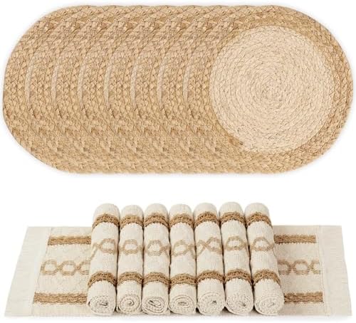 YANGQIHOME Boho Placemats Set of 8, Farmhouse Rustic Woven Placemats for Dining Table Decor, Handmade Braided Place Mats in Natural Cotton Jute and Water Straw for Kitchen Table by YANGQIHOME