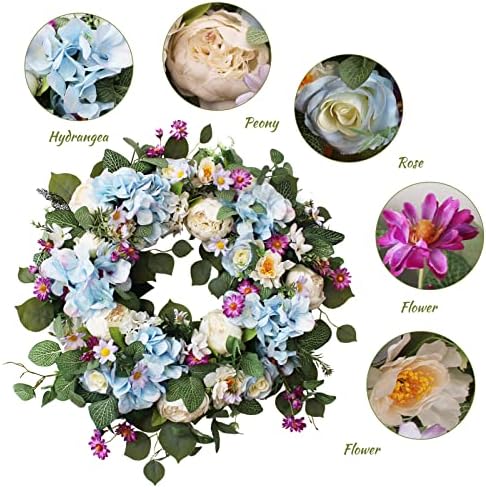 24" Spring Summer Wreaths for Front Door,Spring Summer Door Wreaths,Large Blue Hydrangea Wreaths for Outdoor Porch Farmhouse Home Decor - Image 2