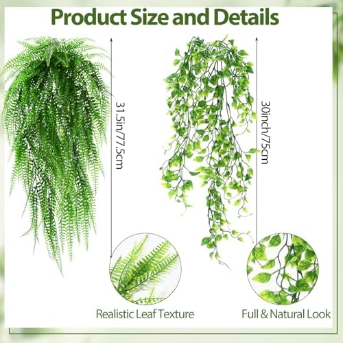 Daifunli 12 Pcs Artificial Hanging Plants Fake Hanging Ferns Plastic Fake Plant for Wall Room Garden Garland Indoor Outdoor Decor No Basket (Ivy,Boston Ferns) - Image 5