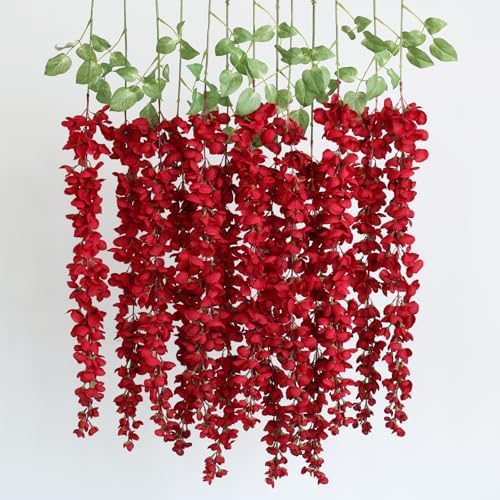 mizii 6Pcs Red Wisteria Hanging Flowers 48" Silk Wisteria Artificial Flowers Garland Vines Fake Hanging Flowers Decoration for Wedding Flower Wall Backdrop Centerpieces Room Decor (Red) by Mizii