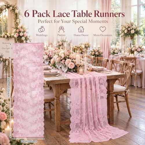 Remagr 6 Pcs Pink Lace Table Runners 30" x 120" Floral Wedding Decor - Image 2