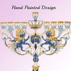 Matashi Hand Painted Blue and Ivory Regal Lion Menorah Candelabra - Image 5